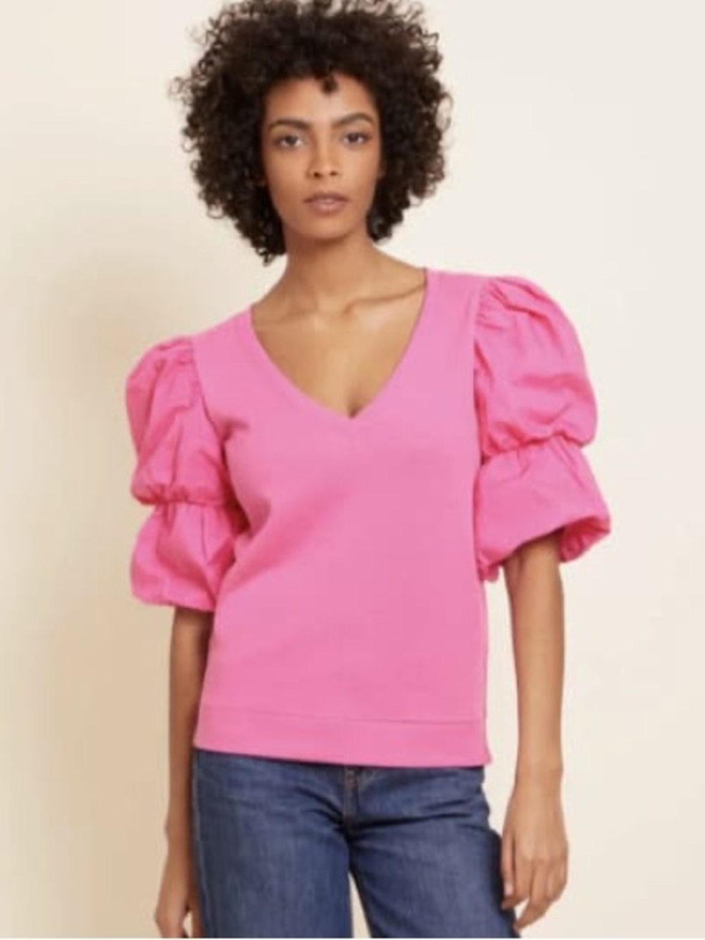 NWT. Nation LTD Teddi Contrast Bubble-Sleeve Top. Pink. Size XS.